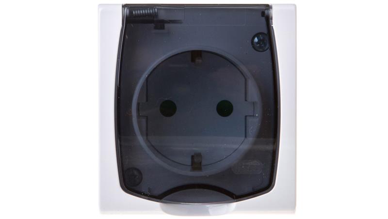 MADERA Gniazdo hermetyczne pojedyncze z/u Schuko IP44 z przesłonami klapka przezroczysta białe GNH-1NSP/00/d-40821