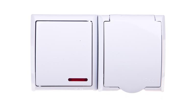 FALA Łącznik hermetyczny pojedynczy z podświetleniem LED + gniazdo hermetyczne pojedyncze z/u z klapką białe ZH-Ł1SG/00/w-41788