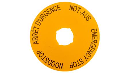 Tabliczka opisowa żółta okrągła fi90 EMERGENCY STOP (DE, GB, NL, F) M22-XAK3 216467-21965