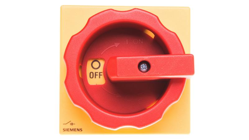 Rozłącznik główny/awaryjny 3P 100A 37kW AC23A 400V montaż na płycie z wałkiem pokrętło żółto-czerwone 4 otwory 3LD2714-0TK53-136