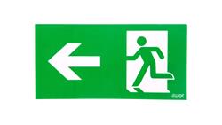 Piktogram PD24 140x300 strzałka w lewo człowiek w drzwiach logo awex (ISO7010)-56503