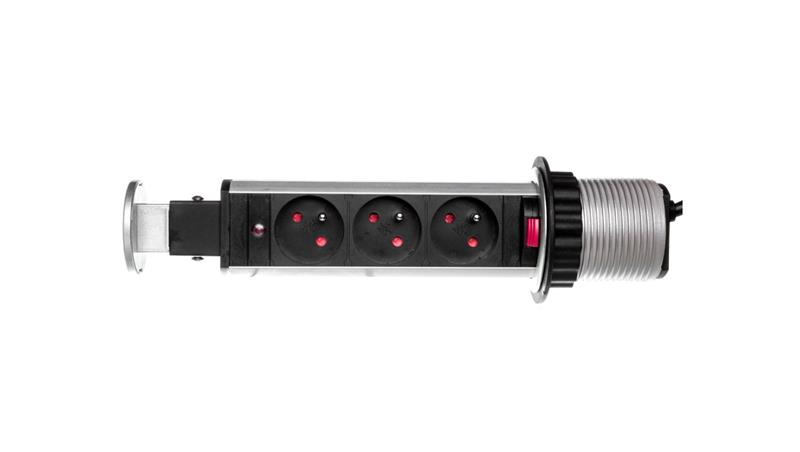 Gniazdo meblowe fi6cm, 3x250V AC wysuwane z blatu z blokadą i przewodem 1,8m srebrne OR-AE-1347-45101