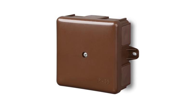 Puszka hermetyczna n/t 86x86x39mm z zaciskiem 5x2,5mm z uszami montaż. IP55 brązowa 0226-61-77428