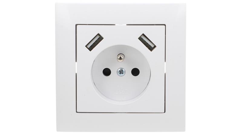 Sentia Gniazdo pojedyncze z/u 16A z USB 2x2,1A 5VDC z przesłonami i ramką białe GPT 2P+Z 2xUSB 1488-00-45140