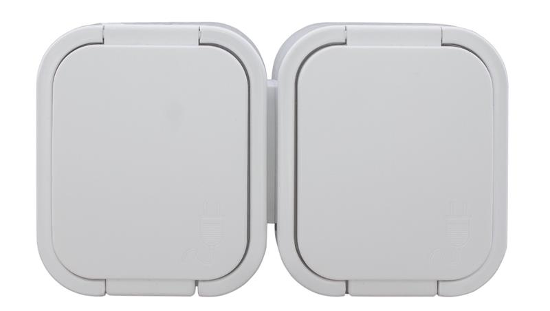 B2 Gniazdo podwójne 2P+Z SCHUKO bryzgoodporne z klapką w kolorze wyrobu IP54 biały 00060278-40853