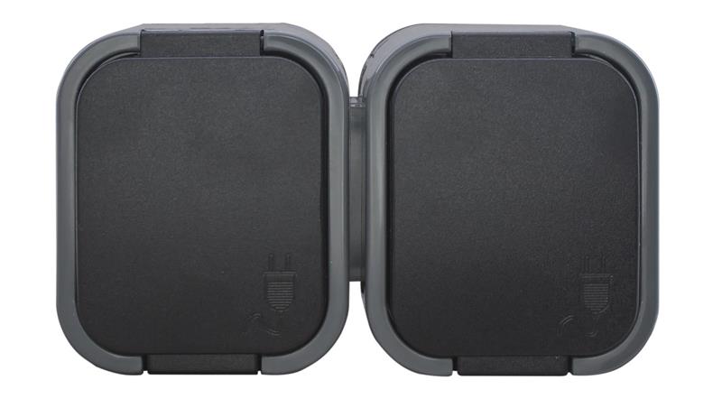 B2 Gniazdo podwójne 2P+Z SCHUKO bryzgoodporne z klapką w kolorze czarnym IP54 szary/czarny 00060278-40854