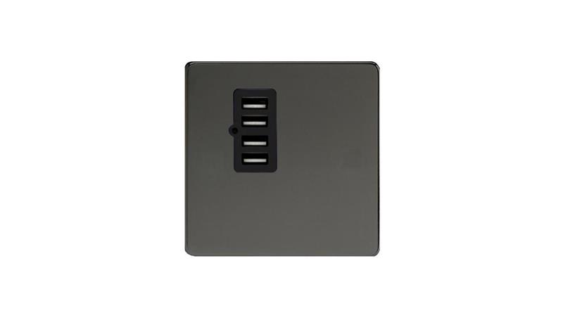 Ładowarka USB poczwórna 5V 4,8A, 86x86mm, kolor czarne irydium + moduł czarny MET4XUSBCHARGI-B-45286 Ładowarka USB poczwórna 5V 4,8A, 86x86mm, kolor czarne irydium + moduł czarny MET4XUSBCHARGI-B-45286