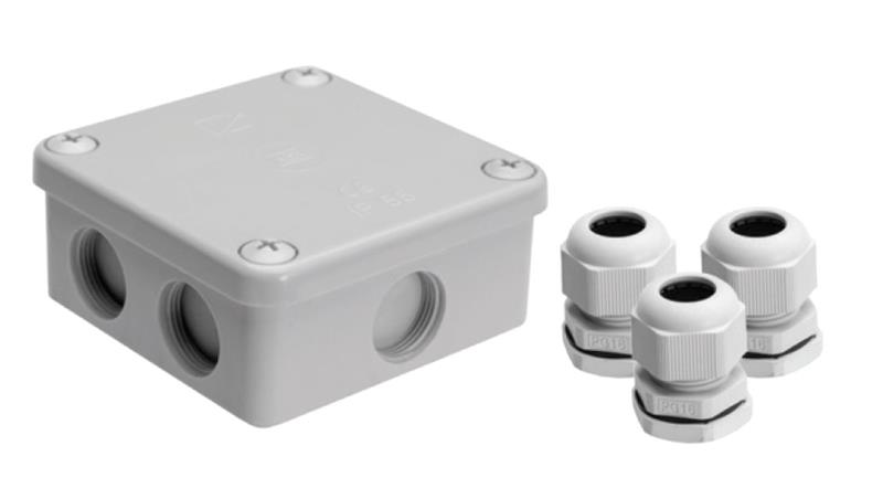 Puszka natynkowa, materiał-bakelit, kolor RAL7035, IP54, 500V, 7 wyjść, 3 dławiki PG16 K85/3PG16-75080