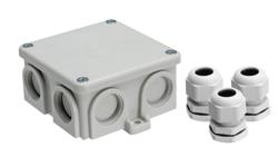 Puszka natynkowa, materiał-bakelit, kolor RAL7035, IP54, 500V, 7 wyjść, 3 dławiki PG16 K76/3PG16-74962