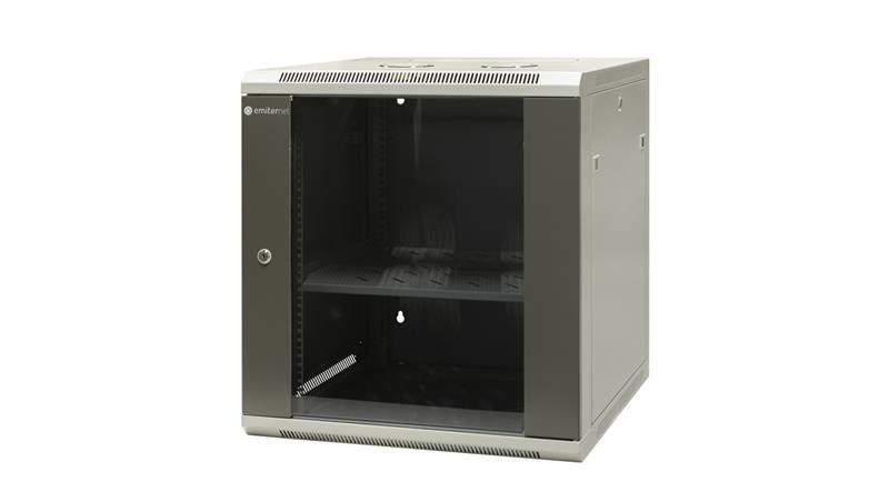 Szafa wisząca niedzielona 19 12U, drzwi blacha/szkło, ściągane osłony boczne z zamkiem, 600×600×635 szer./gł./wys. mm RAL: sza-7