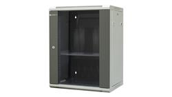 Szafa wisząca niedzielona 19 15U, drzwi blacha/szkło, ściągane osłony boczne z zamkiem, 600×450×770 szer./gł./wys. mm RAL: sza-7