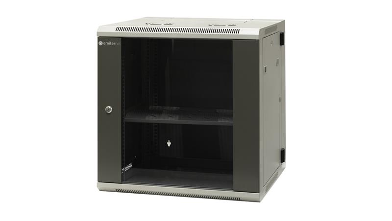 Szafa wisząca dzielona 19 12U, drzwi blacha/szkło, ściągane osłony boczne z zamkiem, tył zamek 600×550×635 szer./gł./wys. mm R-7