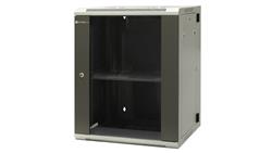 Szafa wisząca dzielona 19 15U, drzwi blacha/szkło, ściągane osłony boczne z zamkiem, tył zamek 600×550×770 szer./gł./wys. mm R-7