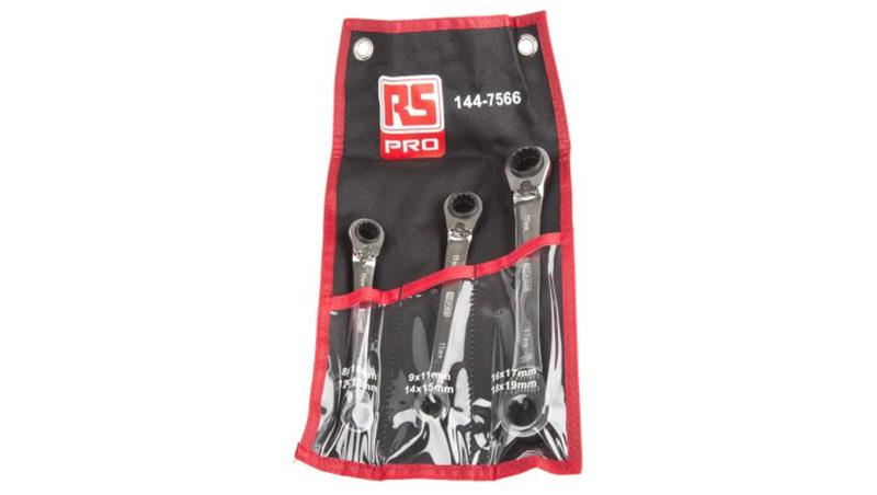 Klucz oczkowy z grzechotką, roz. 10 mm, 11 mm, 13 mm, 15 mm, 17 mm, 19 mm, materiał: Stal chromowo-wanadowa, RS PRO-81419 Klucz oczkowy z grzechotką, roz. 10 mm, 11 mm, 13 mm, 15 mm, 17 mm, 19 mm, materiał: Stal chromowo-wanadowa, RS PRO-81419