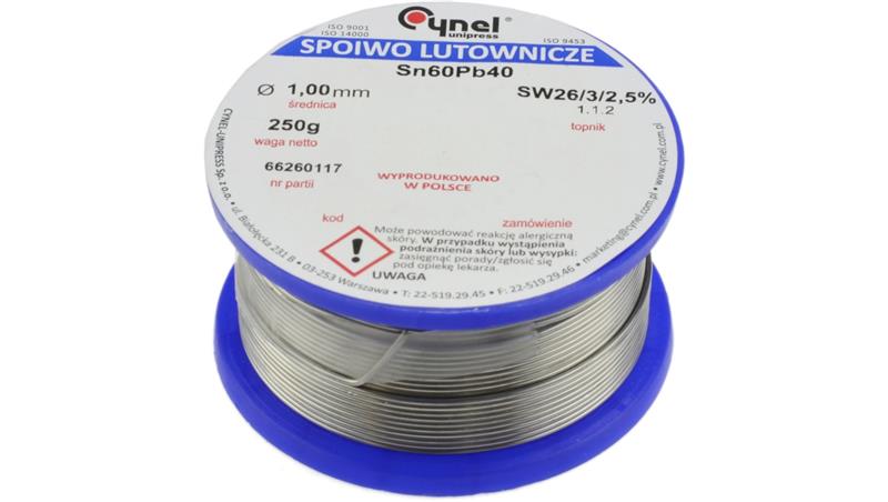 CYNEL UNIPRESS Cyna 1,00mm 250g Sn60Pb40 SW26/3/2.5 spoiwo lutownicze PROFESSIONAL-80823