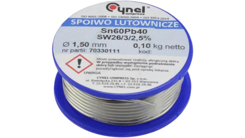 CYNEL UNIPRESS Cyna 1,50mm 100g Sn60Pb40 SW26/3/2.5 spoiwo lutownicze PROFESSIONAL-80831