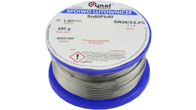 CYNEL UNIPRESS Cyna 1,50mm 250g Sn60Pb40 SW26/3/2.5 spoiwo lutownicze PROFESSIONAL-80830 CYNEL UNIPRESS Cyna 1,50mm 250g Sn60Pb40 SW26/3/2.5 spoiwo lutownicze PROFESSIONAL-80830