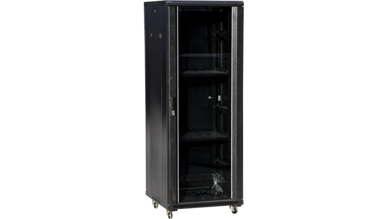 Szafa teleinformatyczna rack 19 cali 24U 600x600, drzwi szklane, kolor czarny FLAT PACK-72612