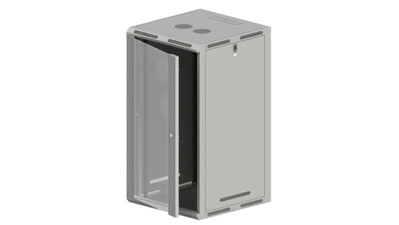 Szafa rack wisząca/stojąca 19 cali 18U 600x500, niedzielona, drzwi szklane, kolor szary FLAT PACK-72456