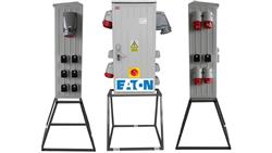 Rozdzielnica elektryczna budowlana na stojaku (8x2P+Z, 2x16A/5P, 2x32A/5P, 1x63A/5P) + rozłącznik, RB40x80-K160-01228Z-P0-R-6590