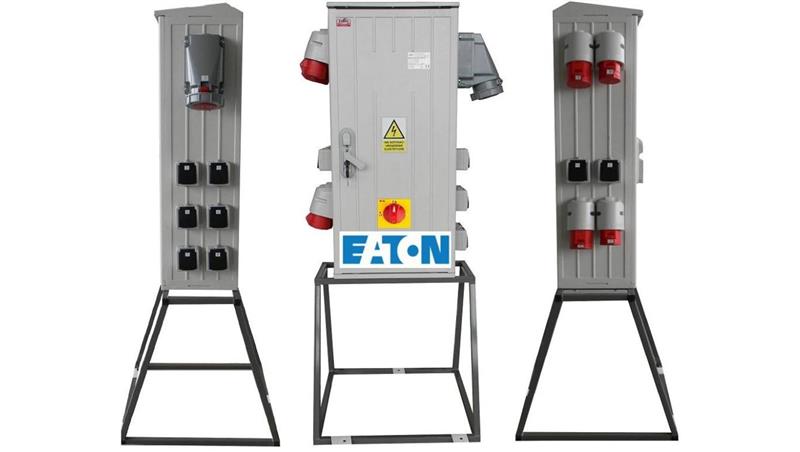 Rozdzielnica elektryczna budowlana na stojaku (8x2P+Z, 2x16A/5P, 2x32A/5P, 1x63A/5P) + rozłącznik, RB40x80-K160-01228Z-P0-R-6590