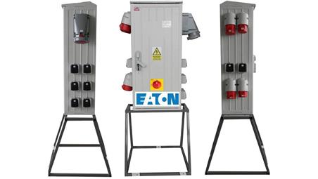 Rozdzielnica elektryczna budowlana na stojaku (8x2P+Z, 2x16A/5P, 2x32A/5P, 1x63A/5P) + rozłącznik, RB40x80-K160-01228Z-P0-R-6590