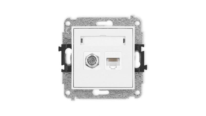 MINI Mechanizm gniazda antenowego poj. typu F (SAT) + gniazda komp. poj. 1xRJ45, kat. 5e, 8-stykowy biały mat 25MGFK-1-165
