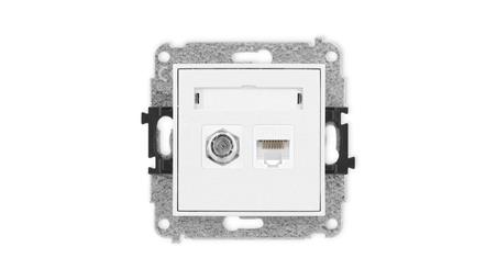 MINI Mechanizm gniazda antenowego poj. typu F (SAT) + gniazda komp. poj. 1xRJ45, kat. 5e, 8-stykowy biały mat 25MGFK-1-165