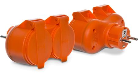 Rozgałęźnik wtyczkowy, podwójny 2x2P+Z, IP44, pomarańczowy / 34044-27479