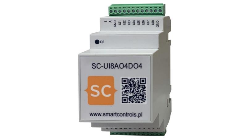 Moduł RS 485 Modbus RTU - wejść wyjść I/O, 8 wejść uniwersalnych, 4 wyjścia analogowe, 4 wyjścia cyfrowe DIN SC-UI8AO4DO4-7657