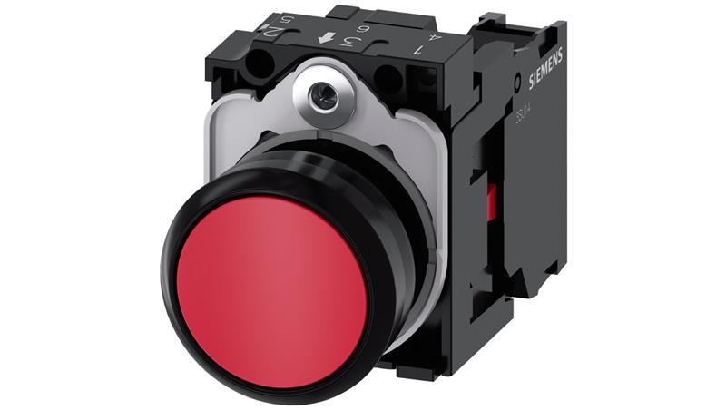 Przycisk kompletny czerwony płaski 22 mm tworzywo z samopowrotem 1NC przyłącze śrubowe SIRIUS ACT 3SU1100-0AB20-1CA0-3430