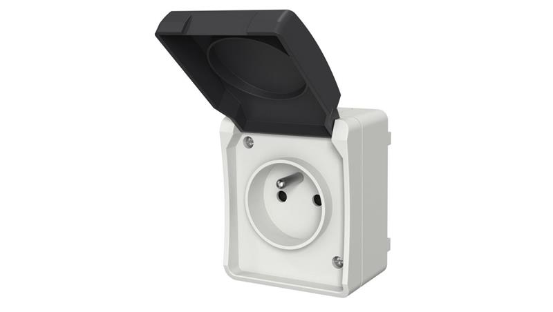 Gniazdo pojedyncze z uziemieniem natynkowe z klapką Aqua Plus IP54 szare / 40114-40817