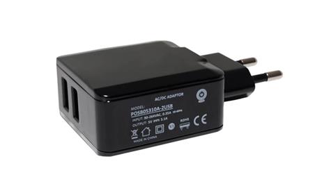 Wtyczkowy zasilacz Impulsowy 5V/3.1A/16.5W wertykalny, gniazdo AC:CEE7/16. gniazdo DC: USB x2-9309