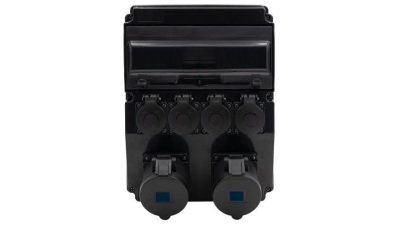 Rozdzielnica budowlana czarna (sceniczna) CAJA 12M SCENIC - gniazda proste 2x16A 3p, 4x230V /12 modułów/ F3.2904-32048