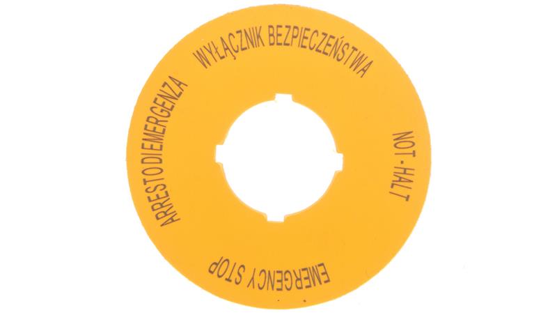 Tabliczka opisowa żółta okrągła EMERGENCY STOP (4 języki) M22-XBK15 167638-21879