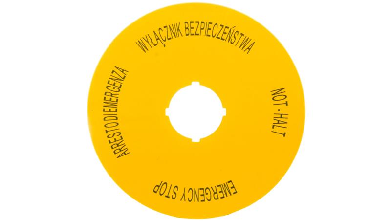 Tabliczka opisowa żółta okrągła WYŁĄCZNIK BEZPIECZEŃSTWA (4 języki) fi90, M22-XAK15167640-21899 Tabliczka opisowa żółta okrągła WYŁĄCZNIK BEZPIECZEŃSTWA (4 języki) fi90, M22-XAK15167640-21899