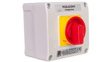 Łącznik krzywkowy 10A rozłącznik 0-1 4P w obudowie OB11 z czołem zamykanym żółto/czerwonym SK10-2.8210\OB11ZC-22535