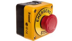 Kaseta sterownicza czarno-żółta stop bezpieczeństwa, ryglowany 40 mm (1NC) z tabliczką opisową Emergency Stop, T0-P1EC400E40K-19