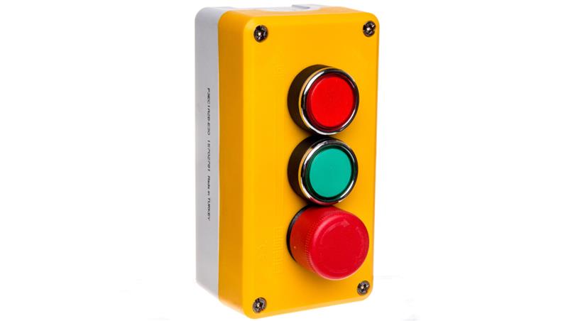 Kaseta sterownicza żółto-szara, 3 przyciski, kryty ziel. (1NO), kryty czer.(1NC), bezpieczeństwa 30 mm (1NC), T0-P3C1A2BE30-1929