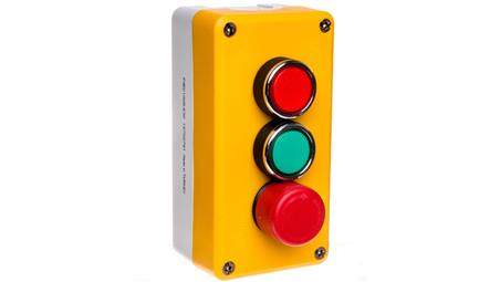 Kaseta sterownicza żółto-szara, 3 przyciski, kryty ziel. (1NO), kryty czer.(1NC), bezpieczeństwa 30 mm (1NC), T0-P3C1A2BE30-1929