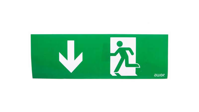 Piktogram PM26 100x300 strzałka dół człowiek w drzwiach logo awex (ISO7010)-56500