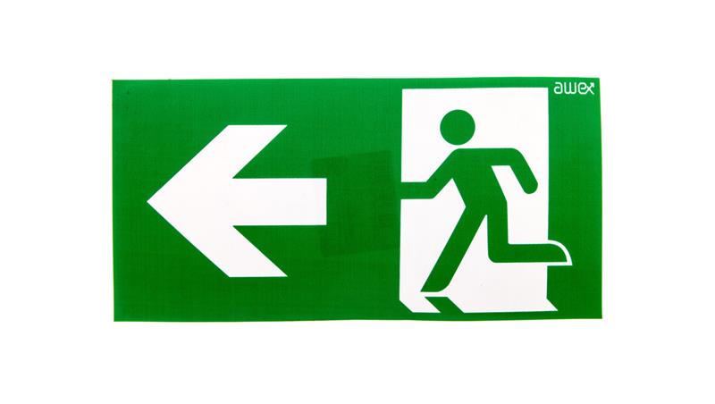 Piktogram PS24 125x250 strzałka lewo człowiek w drzwiach logo awex (ISO7010)-56491