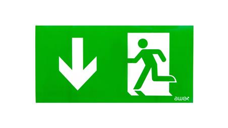 Piktogram PS26 125x250 strzałka dół człowiek w drzwiach logo awex (ISO7010)-56490