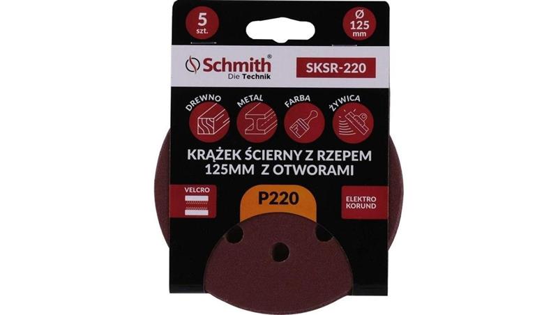 Papier ścierny krążki na rzep z otworami 125mm P220 zestaw 5szt Schmith-90328