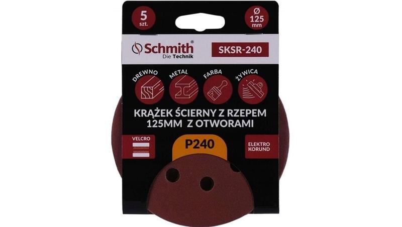 Papier ścierny krążki na rzep z otworami 125mm P240 zestaw 5szt Schmith-90329