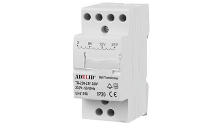 TRANSFORMATOR DZWONKOWY MODUŁOWY NA DZWONEK NA SZYNĘ TD8 230V 8V 12V 24V TD-230-24/12/8V-84272