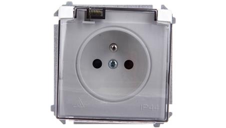 Simon Basic Gniazdo bryzgoszczelne z/u IP44 z przesłoną torów i klapką dymną białe BMGZ1Bz.01/11a-43191