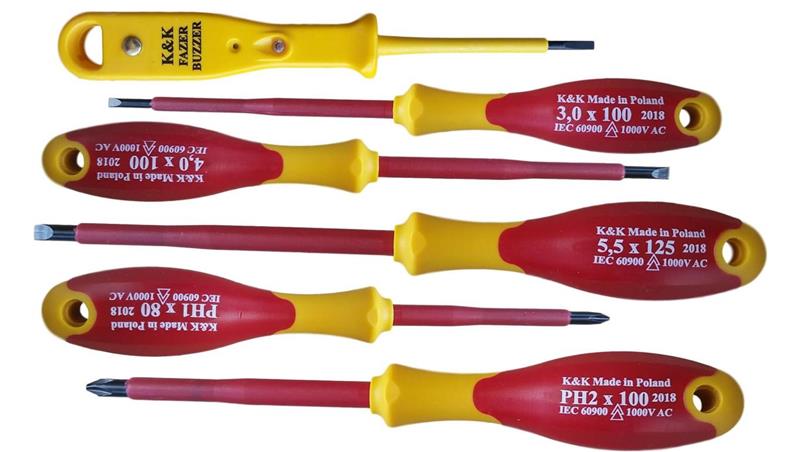 ZESTAW ŚRUBOKRĘTÓW WKRĘTAKÓW ŚRUBOKRĘTY WKRĘTAKI ŚRUBOKRĘT WKRĘTAK ELEKTRYCZNY IZOLOWANY 1000V 5 szt. + FAZER KK23GNPHF-114374