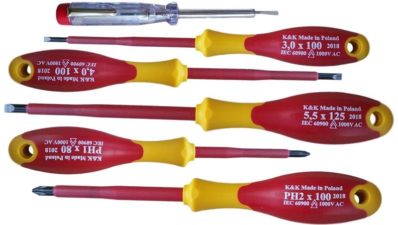 ZESTAW ŚRUBOKRĘTÓW WKRĘTAKÓW ŚRUBOKRĘTY WKRĘTAKI ŚRUBOKRĘT WKRĘTAK ELEKTRYCZNY IZOLOWANY 1000V 5 szt + próbnik napięcia KK23GNPH