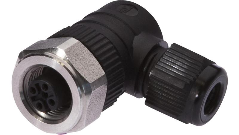 VK003820, Gniazdo kablowe, kątowe, połączenie śrubowe, O3-6,5mm, 4A, 240V, -25-90C, M12 żeńskie 4pin, IP67, PBT-132326